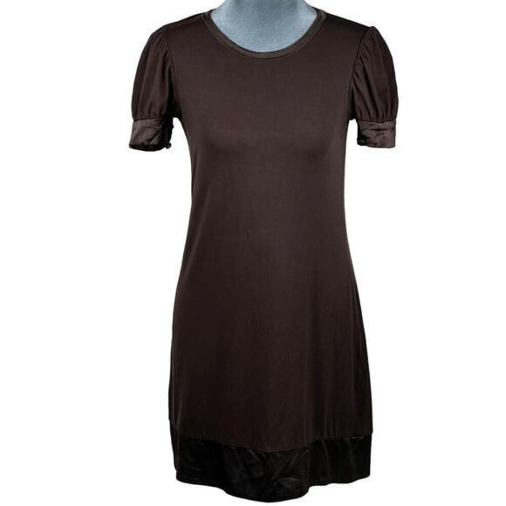 Bebe Y2K Dress Sz Small Brown Silk Trim Puff Sleeve Fairy Goblincore Vintage USA